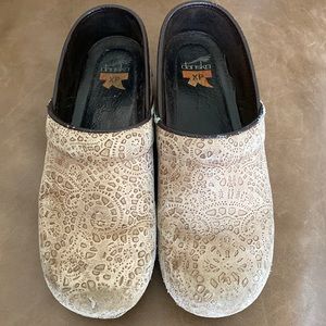 Dansko XP brown lacy suede leather clogs